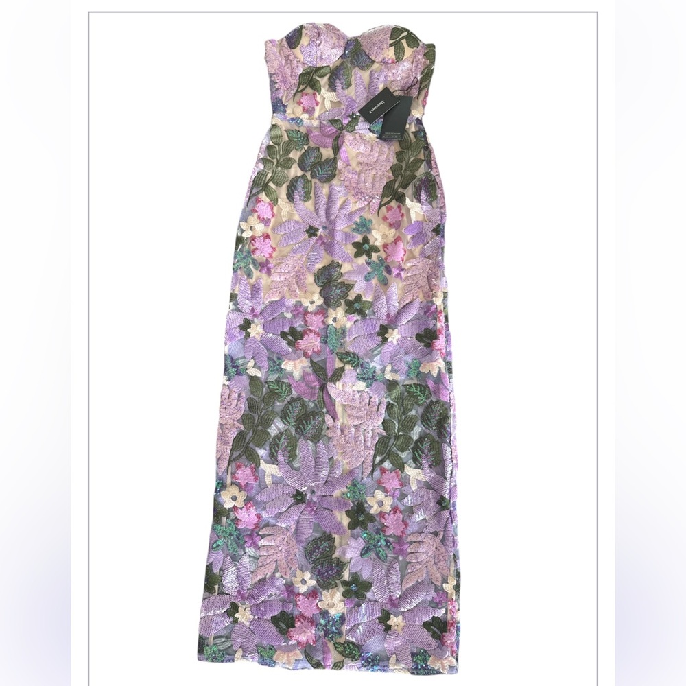 Bella Barnett Eugenia Flowers Sequins Strapless Mesh Dress Purple Size Small NWT - Picture 3 of 14